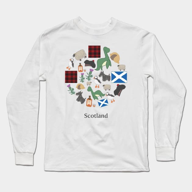 Kawaii Scottish Icons Drawing Long Sleeve T-Shirt by MariOyama